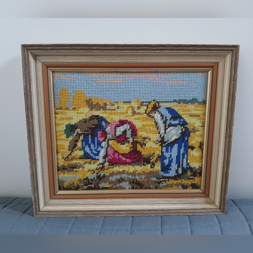 Vintage Framed Needlepoint Farm Fields Wall Art Faux Wood Frame Harvest Gleaner
